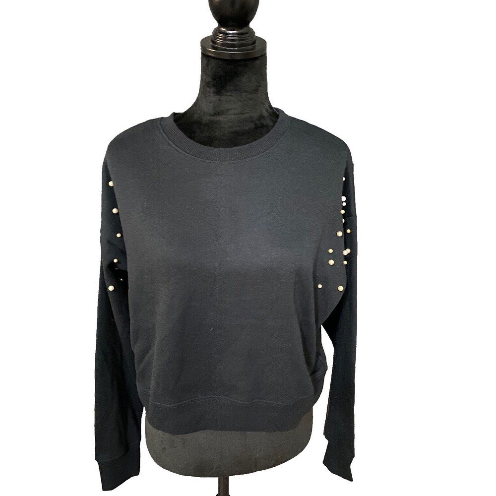 Freshman Black Pearl Embellished Cropped Sweatshirt Long Sleeve Juniors Medium